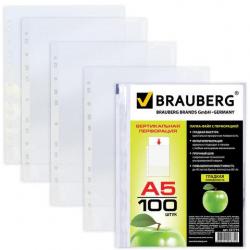 Папки-файлы перфорированные Brauberg. Яблоко, А5, вертикальные, 100 штук, гладкие, 35 мкм
